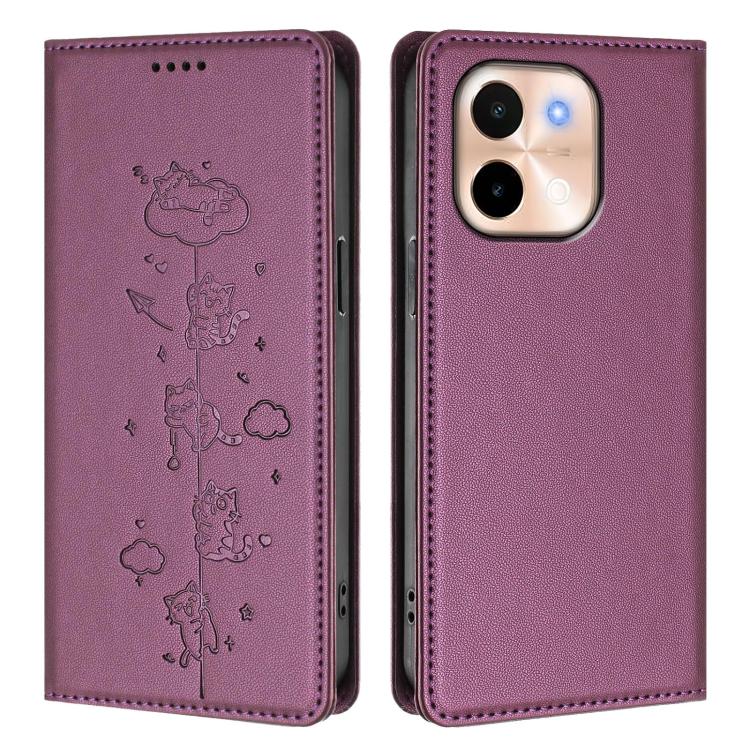For vivo Y28 4G Cute Cats Embossed Magnetic RFID Vegan Leather Phone Case