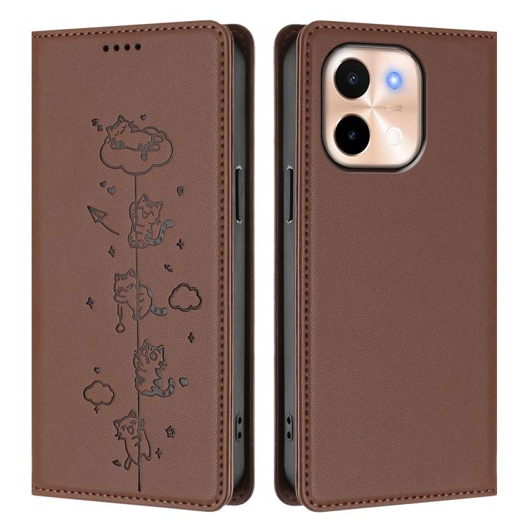For vivo Y28 4G Cute Cats Embossed Magnetic RFID Vegan Leather Phone Case