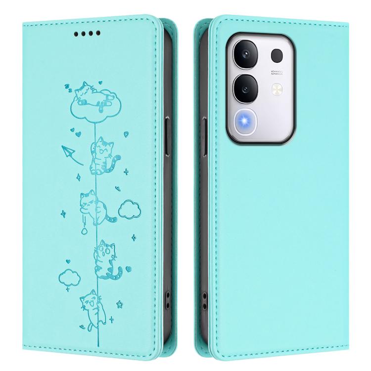 For vivo Y29 4G / T4x 5G Cute Cats Embossed Magnetic RFID Vegan Leather Phone Case