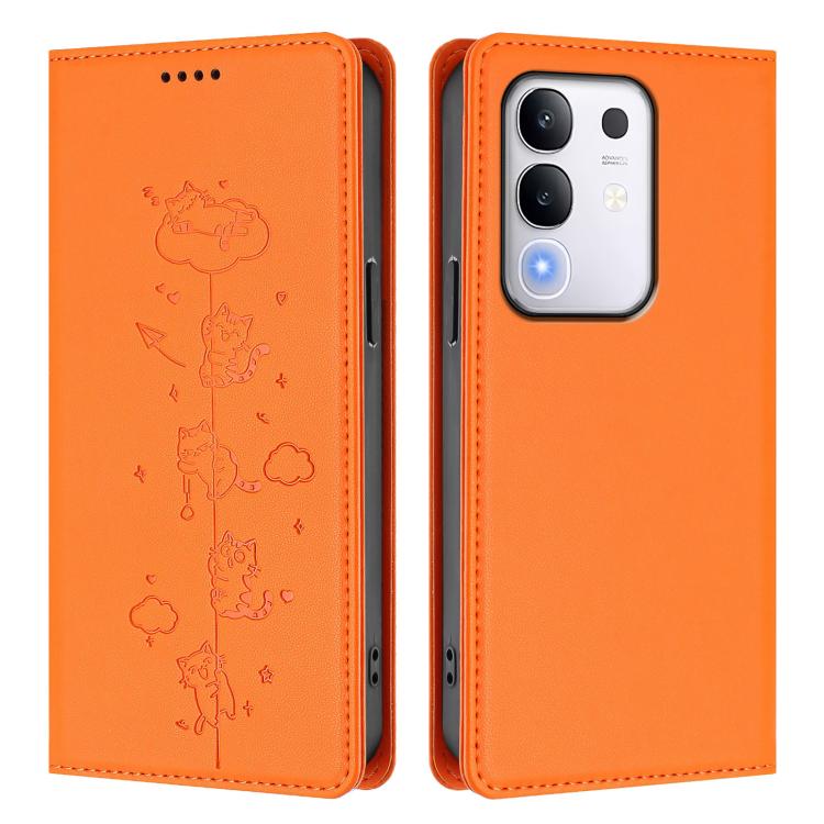For vivo Y29 4G / T4x 5G Cute Cats Embossed Magnetic RFID Vegan Leather Phone Case