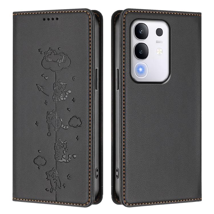 For vivo Y29 4G / T4x 5G Cute Cats Embossed Magnetic RFID Vegan Leather Phone Case