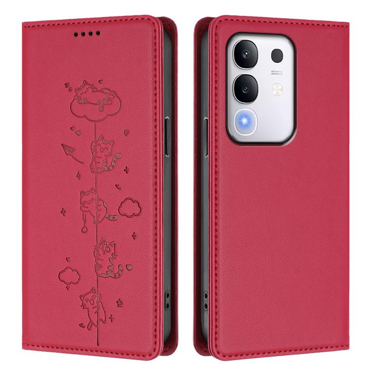 For vivo Y29 4G / T4x 5G Cute Cats Embossed Magnetic RFID Vegan Leather Phone Case