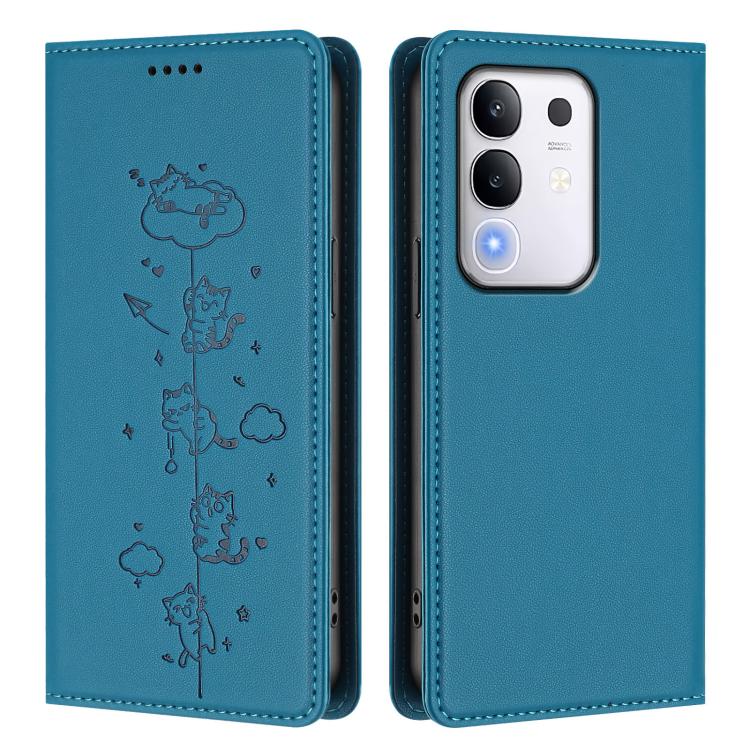 For vivo Y29 4G / T4x 5G Cute Cats Embossed Magnetic RFID Vegan Leather Phone Case