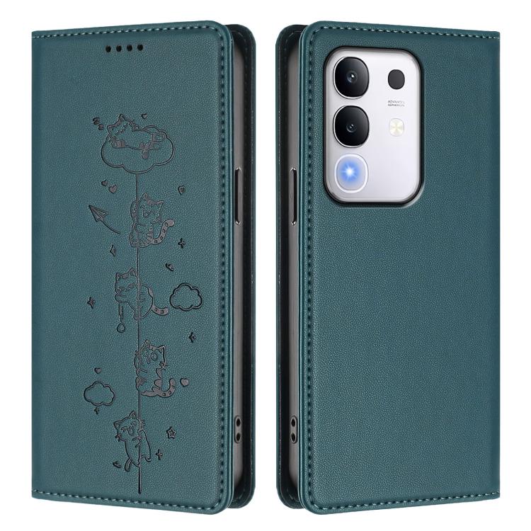 For vivo Y29 4G / T4x 5G Cute Cats Embossed Magnetic RFID Vegan Leather Phone Case
