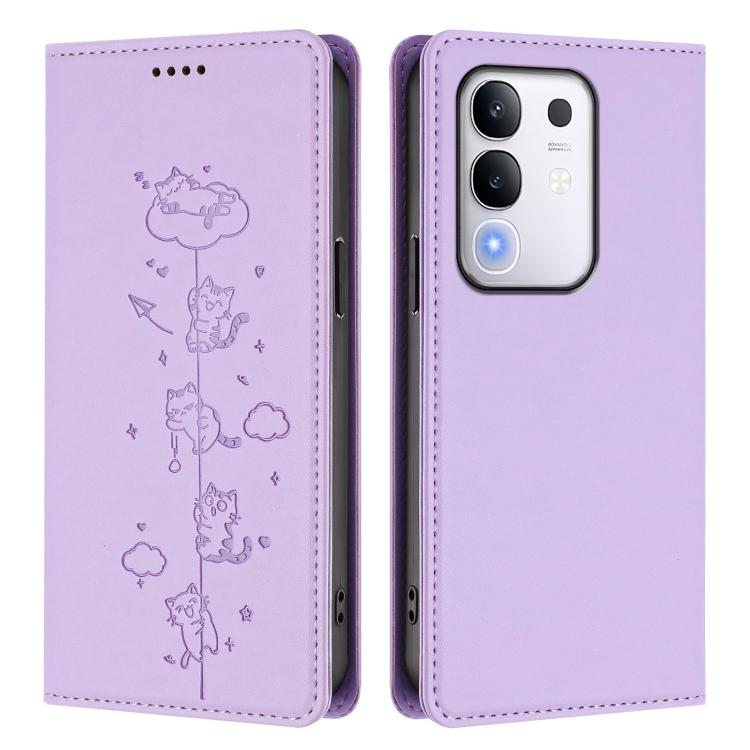 For vivo Y29 4G / T4x 5G Cute Cats Embossed Magnetic RFID Vegan Leather Phone Case