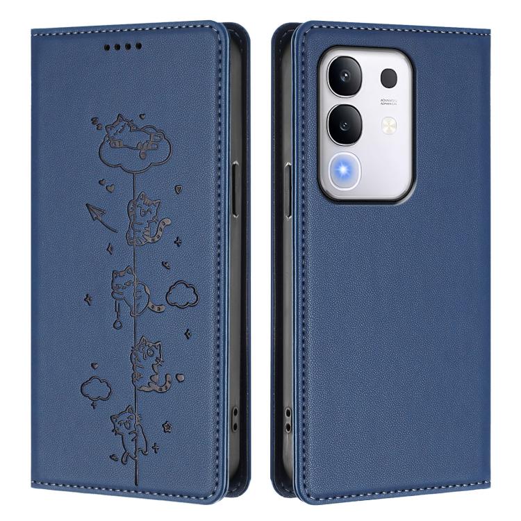 For vivo Y29 4G / T4x 5G Cute Cats Embossed Magnetic RFID Vegan Leather Phone Case