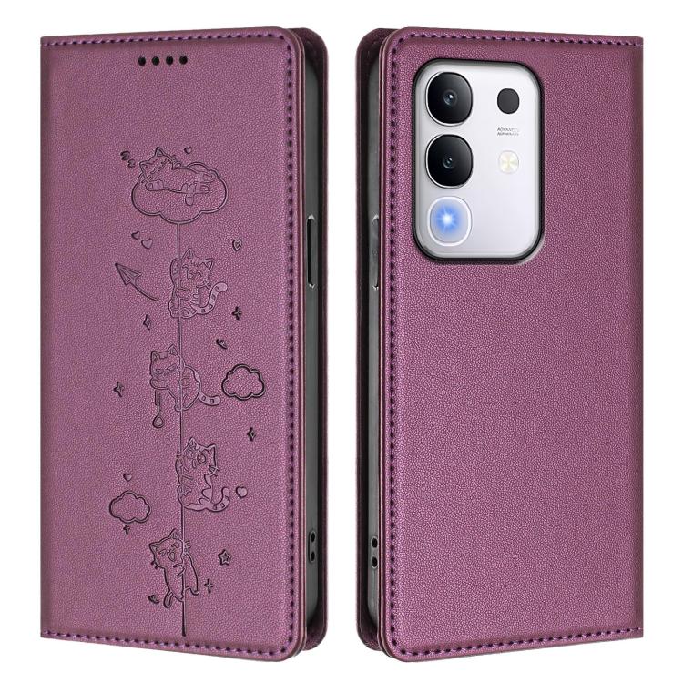 For vivo Y29 4G / T4x 5G Cute Cats Embossed Magnetic RFID Vegan Leather Phone Case