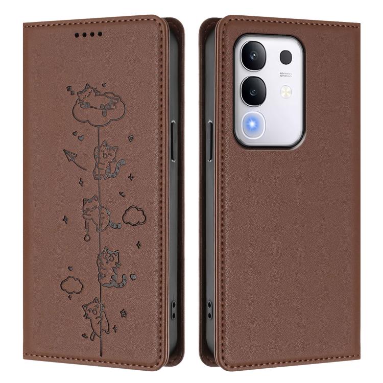 For vivo Y29 4G / T4x 5G Cute Cats Embossed Magnetic RFID Vegan Leather Phone Case