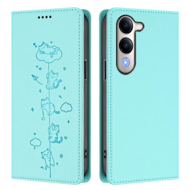 For vivo Y29s 5G / Y19 5G India Cute Cats Embossed Magnetic RFID Vegan Leather Phone Case