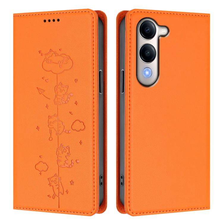 For vivo Y29s 5G / Y19 5G India Cute Cats Embossed Magnetic RFID Vegan Leather Phone Case