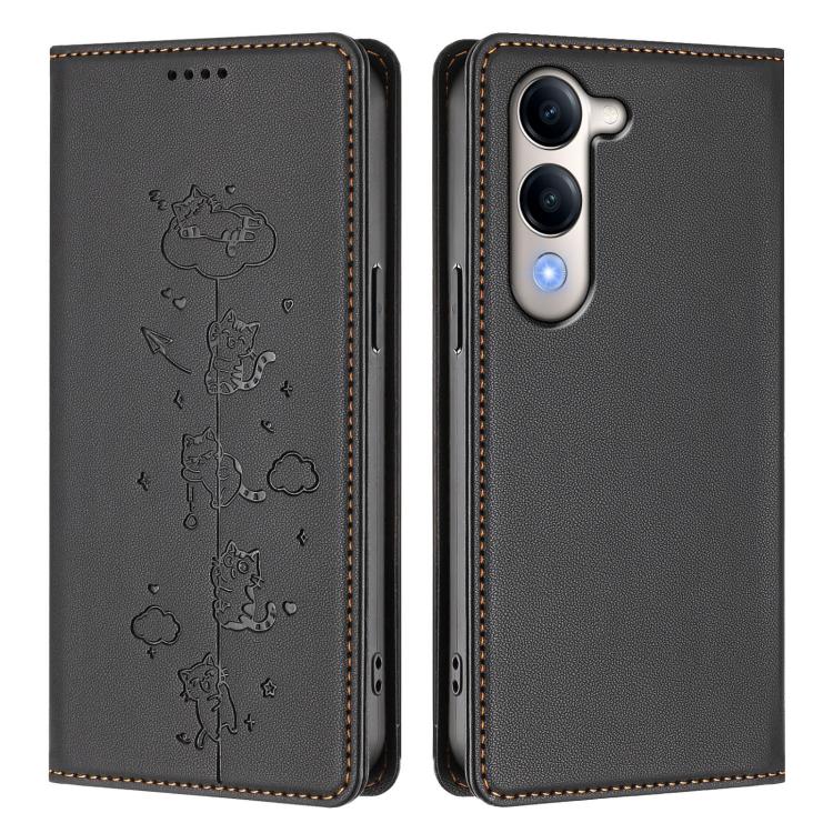 For vivo Y29s 5G / Y19 5G India Cute Cats Embossed Magnetic RFID Vegan Leather Phone Case