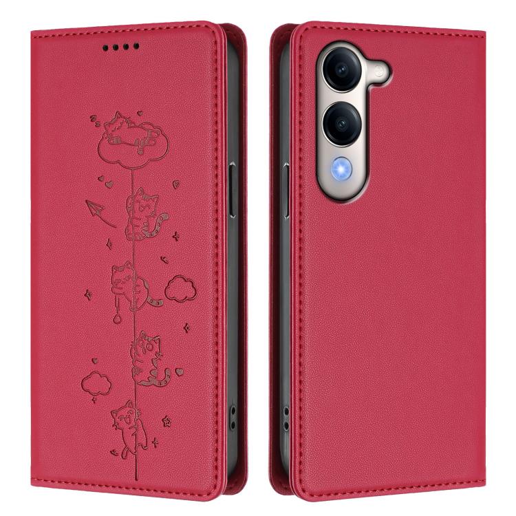 For vivo Y29s 5G / Y19 5G India Cute Cats Embossed Magnetic RFID Vegan Leather Phone Case