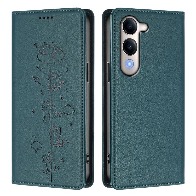 For vivo Y29s 5G / Y19 5G India Cute Cats Embossed Magnetic RFID Vegan Leather Phone Case
