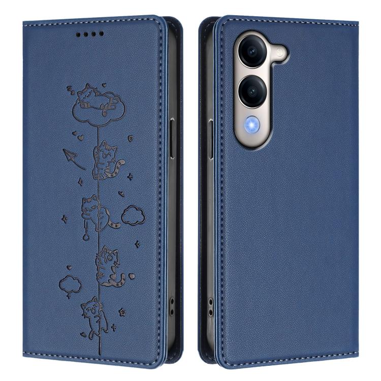 For vivo Y29s 5G / Y19 5G India Cute Cats Embossed Magnetic RFID Vegan Leather Phone Case