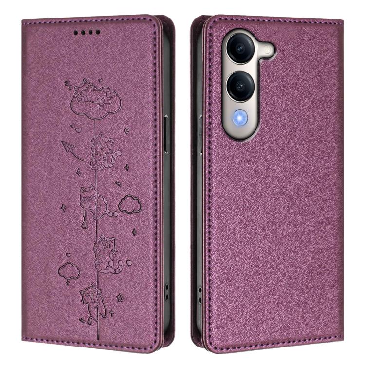For vivo Y29s 5G / Y19 5G India Cute Cats Embossed Magnetic RFID Vegan Leather Phone Case