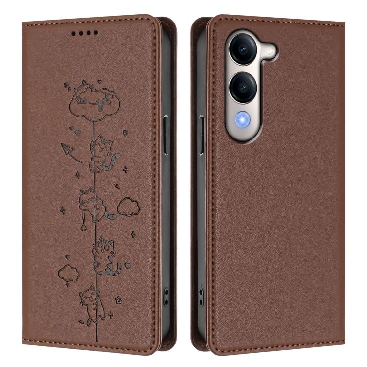 For vivo Y29s 5G / Y19 5G India Cute Cats Embossed Magnetic RFID Vegan Leather Phone Case