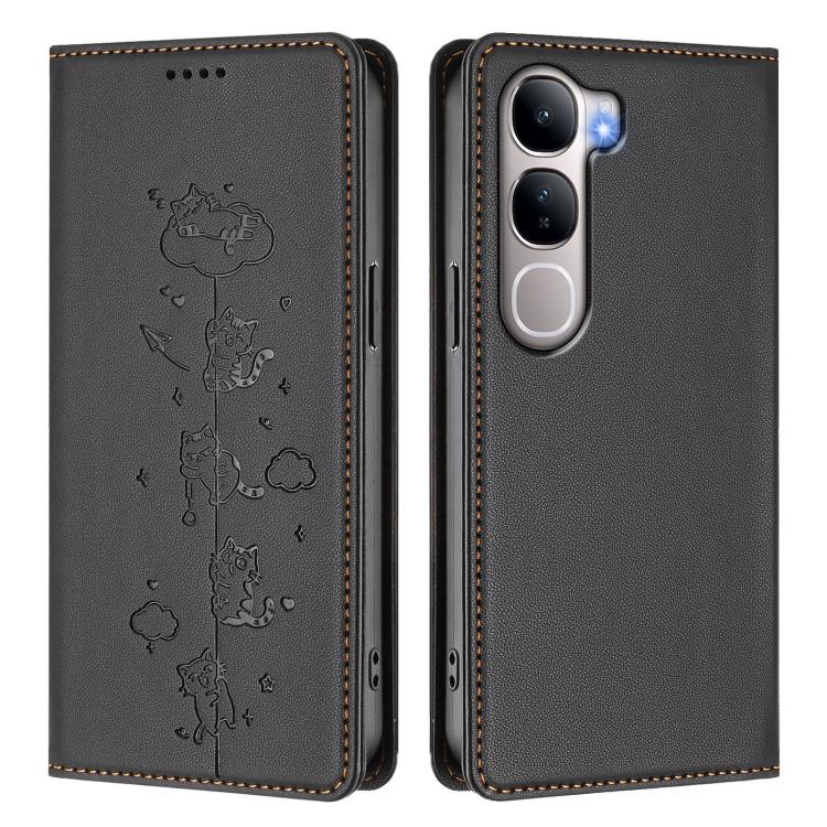 For vivo Y31 5G Cute Cats Embossed Magnetic RFID Vegan Leather Phone Case