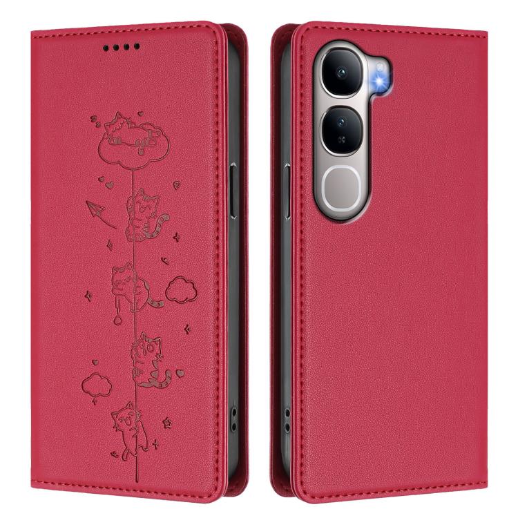 For vivo Y31 5G Cute Cats Embossed Magnetic RFID Vegan Leather Phone Case