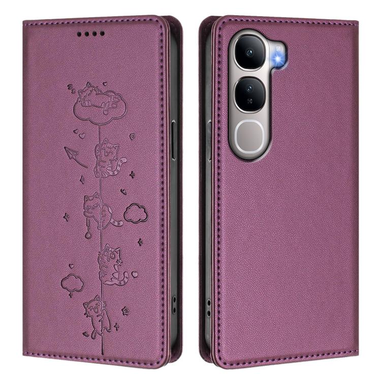 For vivo Y31 5G Cute Cats Embossed Magnetic RFID Vegan Leather Phone Case