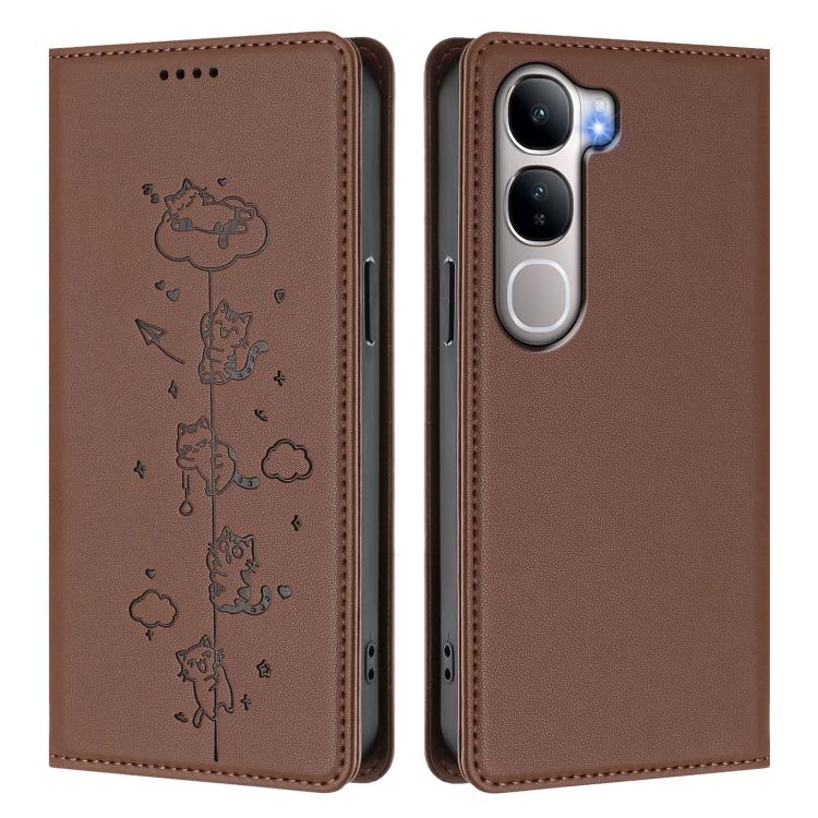 For vivo Y31 5G Cute Cats Embossed Magnetic RFID Vegan Leather Phone Case