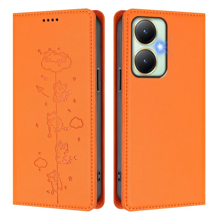 For vivo Y27 4G 2023 Cute Cats Embossed Magnetic RFID Vegan Leather Phone Case