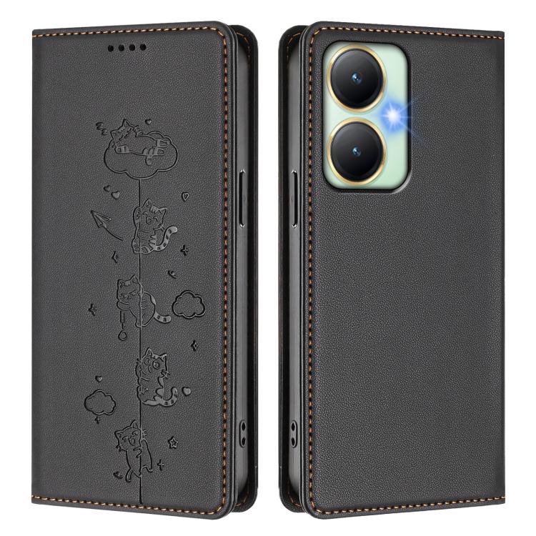 For vivo Y27 4G 2023 Cute Cats Embossed Magnetic RFID Vegan Leather Phone Case