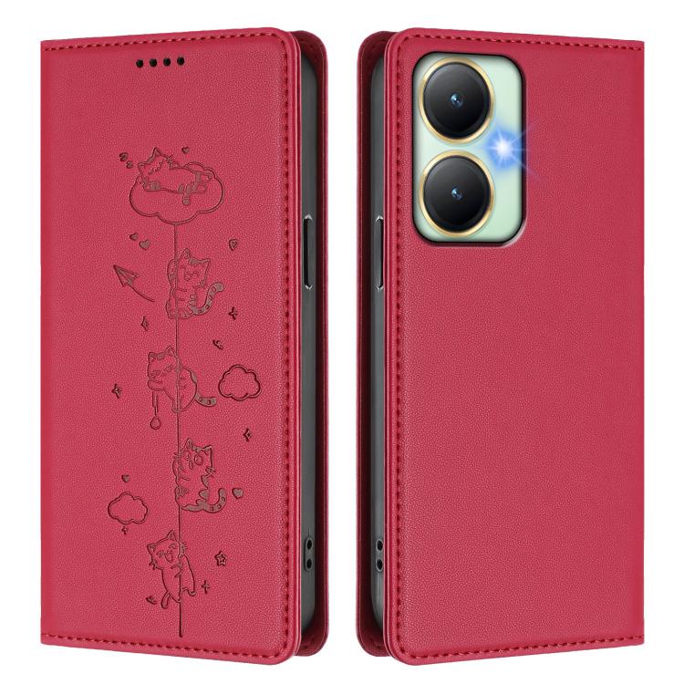 For vivo Y27 4G 2023 Cute Cats Embossed Magnetic RFID Vegan Leather Phone Case