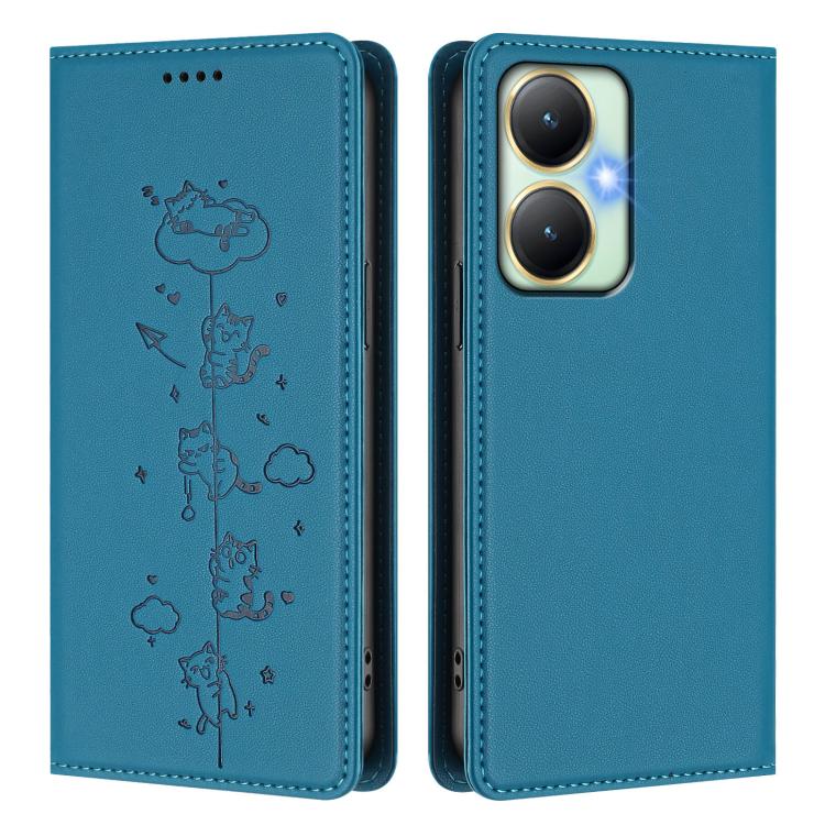 For vivo Y27 4G 2023 Cute Cats Embossed Magnetic RFID Vegan Leather Phone Case
