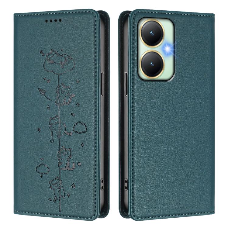 For vivo Y27 4G 2023 Cute Cats Embossed Magnetic RFID Vegan Leather Phone Case