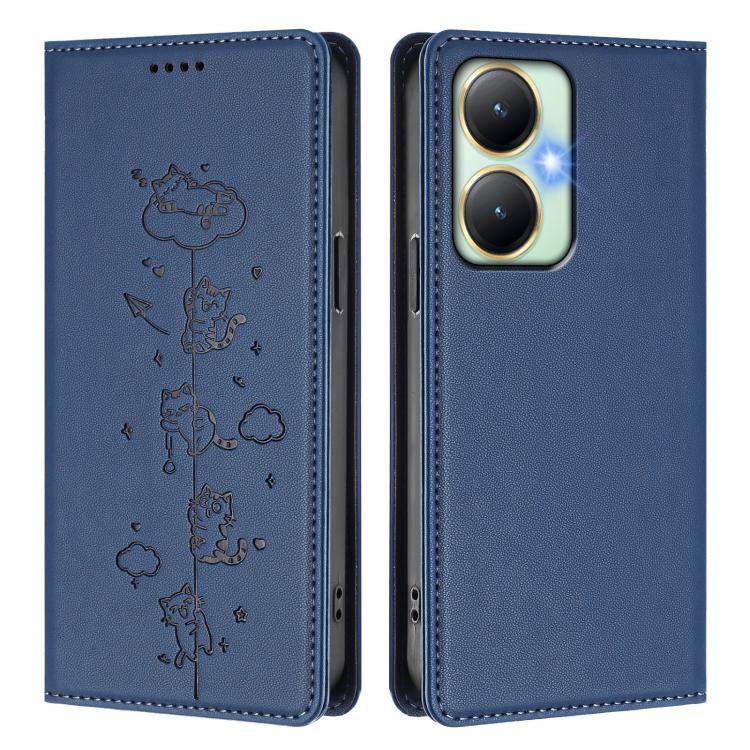 For vivo Y27 4G 2023 Cute Cats Embossed Magnetic RFID Vegan Leather Phone Case
