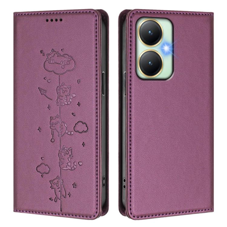 For vivo Y27 4G 2023 Cute Cats Embossed Magnetic RFID Vegan Leather Phone Case