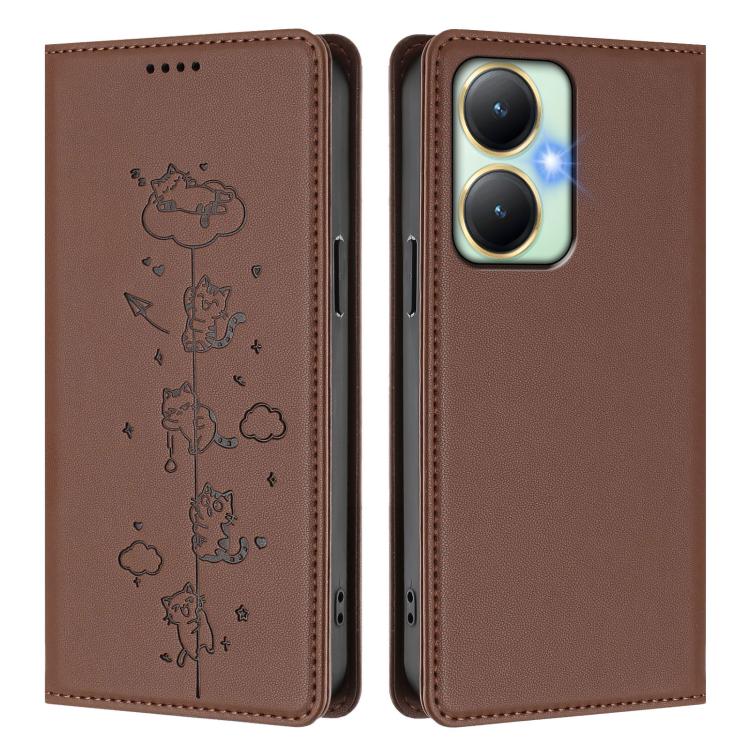 For vivo Y27 4G 2023 Cute Cats Embossed Magnetic RFID Vegan Leather Phone Case