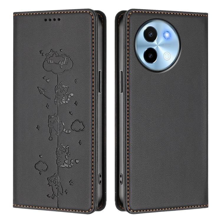 For vivo Y38 5G / T3x 5G Cute Cats Embossed Magnetic RFID Vegan Leather Phone Case