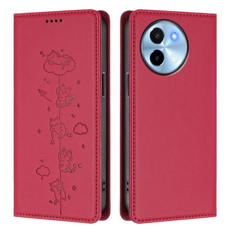 For vivo Y38 5G / T3x 5G Cute Cats Embossed Magnetic RFID Vegan Leather Phone Case
