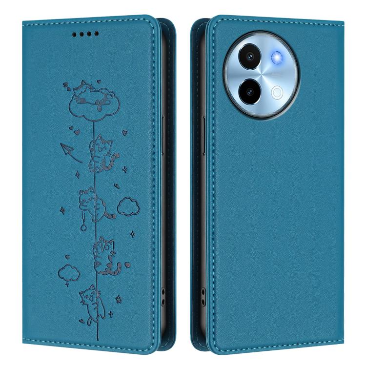 For vivo Y38 5G / T3x 5G Cute Cats Embossed Magnetic RFID Vegan Leather Phone Case