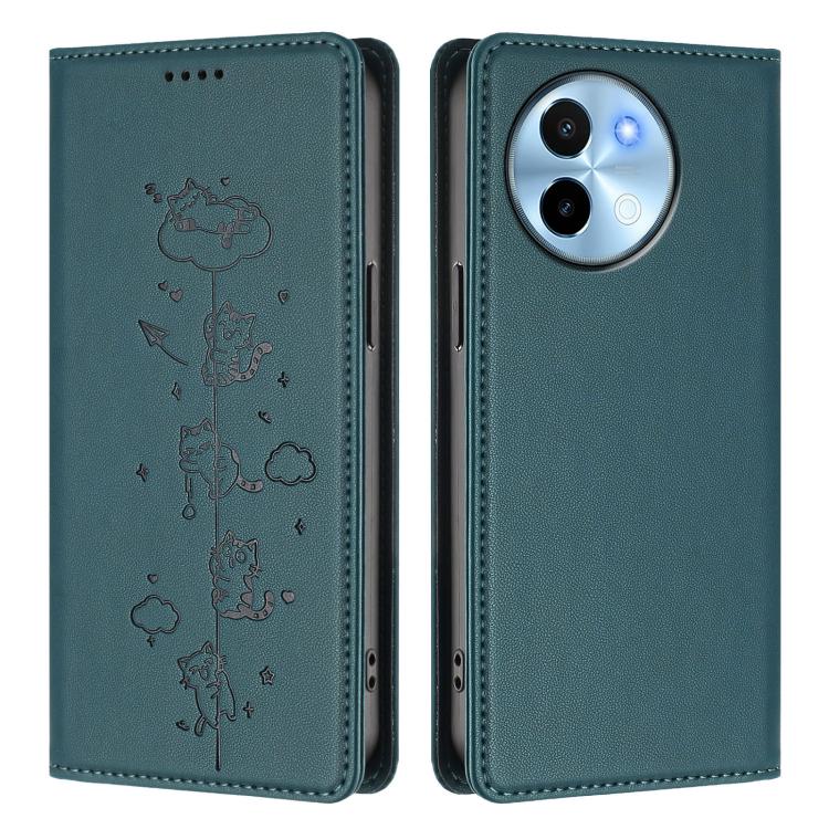 For vivo Y38 5G / T3x 5G Cute Cats Embossed Magnetic RFID Vegan Leather Phone Case