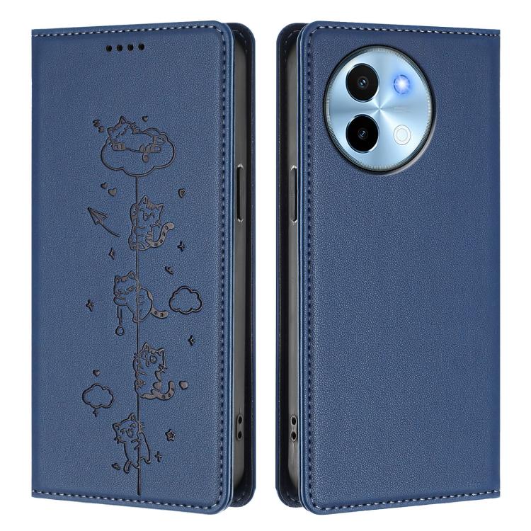 For vivo Y38 5G / T3x 5G Cute Cats Embossed Magnetic RFID Vegan Leather Phone Case