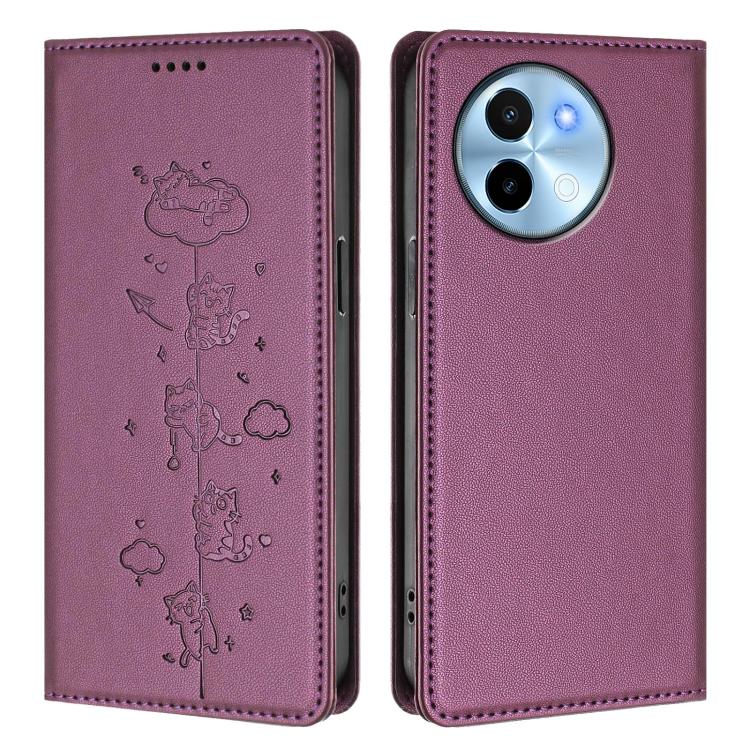 For vivo Y38 5G / T3x 5G Cute Cats Embossed Magnetic RFID Vegan Leather Phone Case