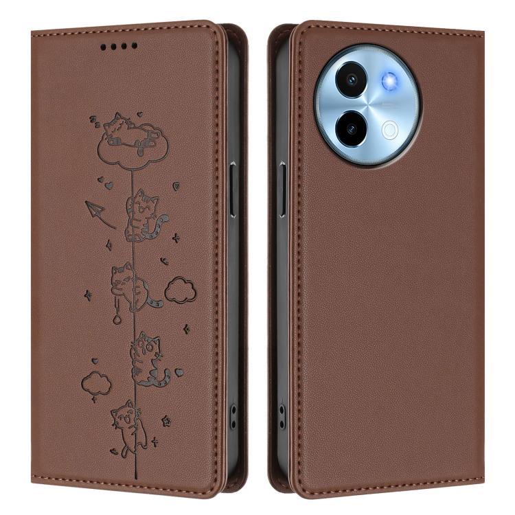 For vivo Y38 5G / T3x 5G Cute Cats Embossed Magnetic RFID Vegan Leather Phone Case