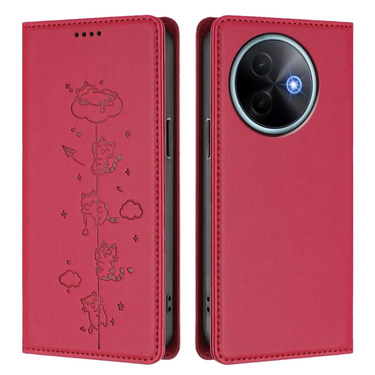 For vivo Y39 5G Cute Cats Embossed Magnetic RFID Vegan Leather Phone Case