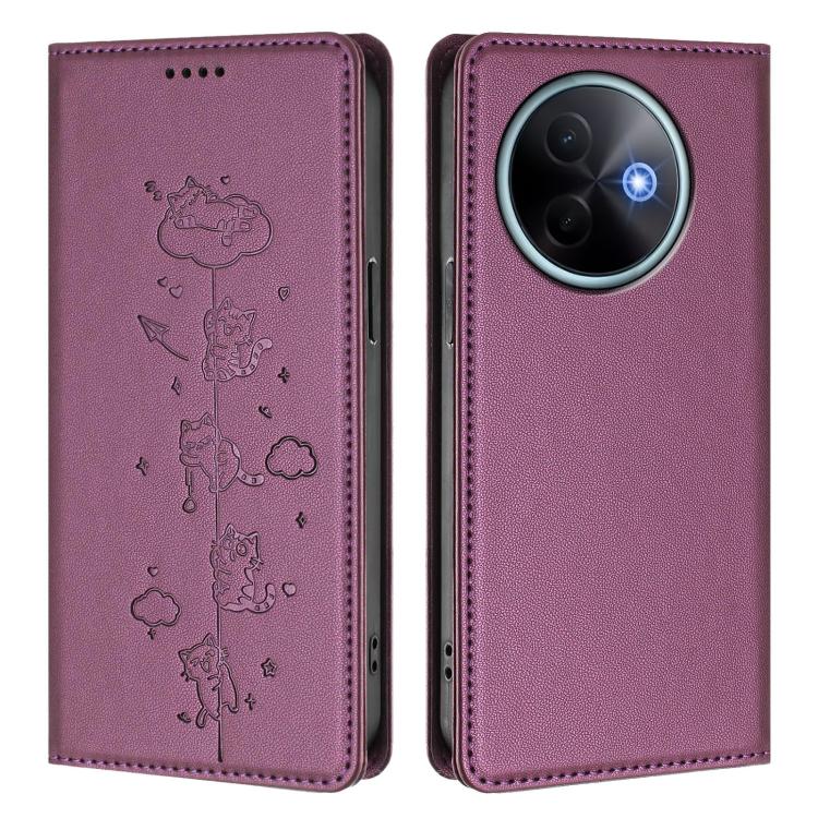 For vivo Y39 5G Cute Cats Embossed Magnetic RFID Vegan Leather Phone Case