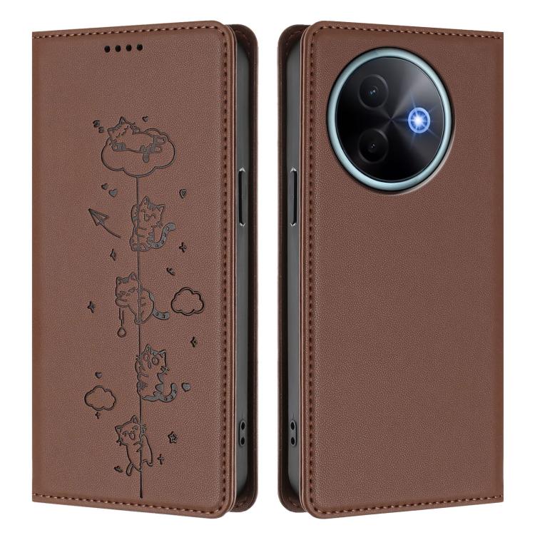 For vivo Y39 5G Cute Cats Embossed Magnetic RFID Vegan Leather Phone Case