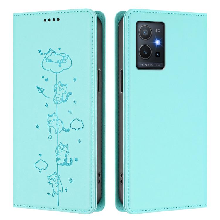 For vivo Y55s 5G / Y55 5G / Y75 5G Cute Cats Embossed Magnetic RFID Vegan Leather Phone Case
