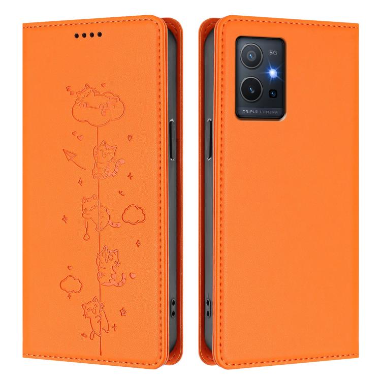 For vivo Y55s 5G / Y55 5G / Y75 5G Cute Cats Embossed Magnetic RFID Vegan Leather Phone Case