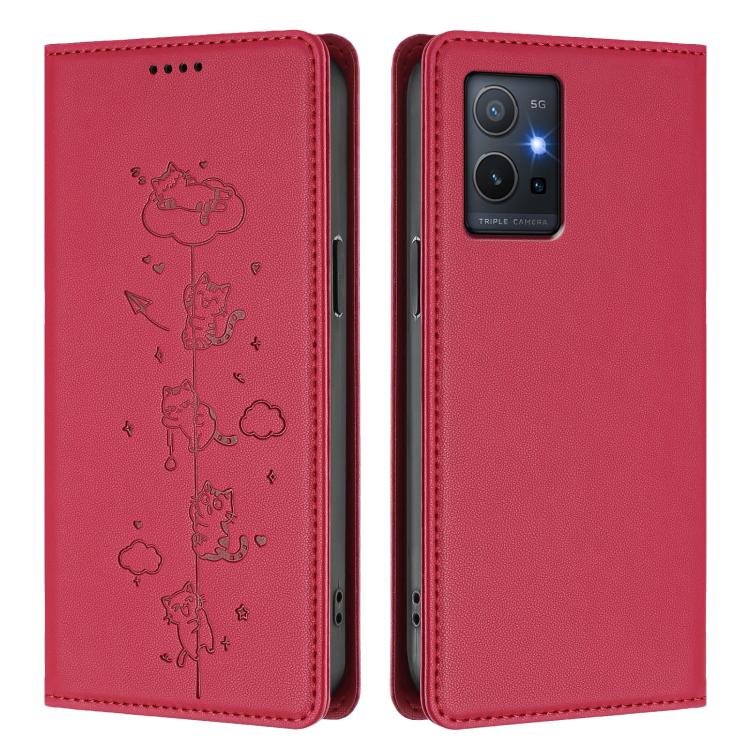 For vivo Y55s 5G / Y55 5G / Y75 5G Cute Cats Embossed Magnetic RFID Vegan Leather Phone Case