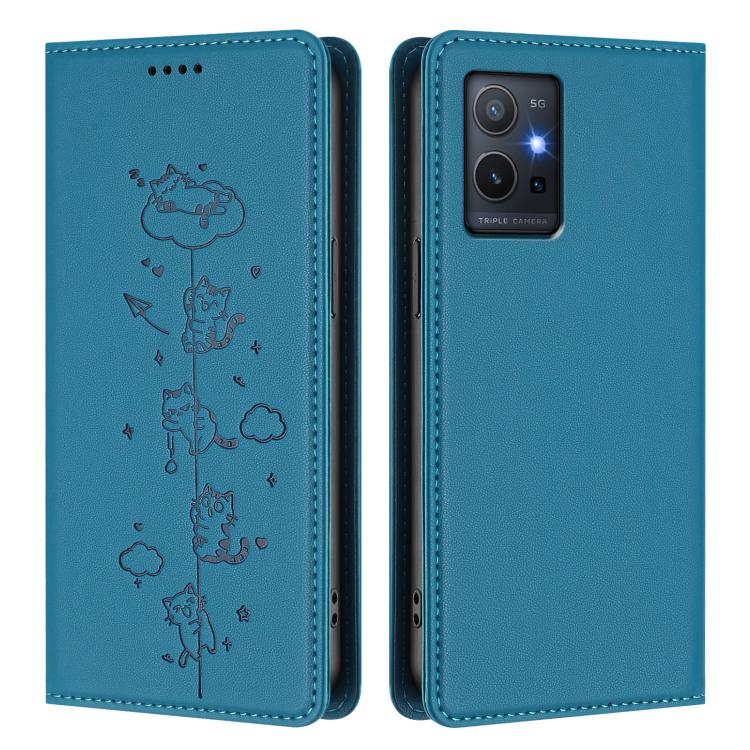 For vivo Y55s 5G / Y55 5G / Y75 5G Cute Cats Embossed Magnetic RFID Vegan Leather Phone Case