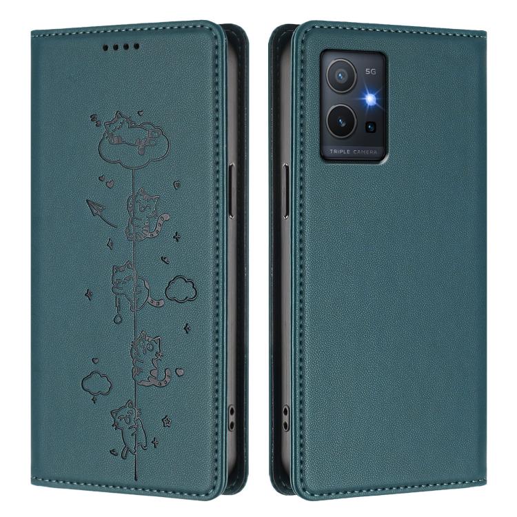 For vivo Y55s 5G / Y55 5G / Y75 5G Cute Cats Embossed Magnetic RFID Vegan Leather Phone Case