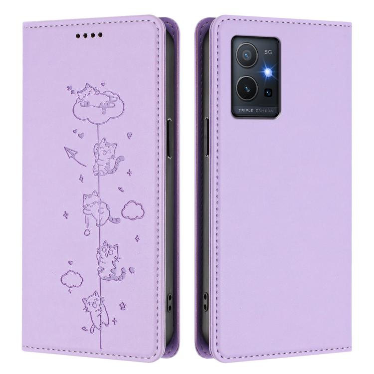 For vivo Y55s 5G / Y55 5G / Y75 5G Cute Cats Embossed Magnetic RFID Vegan Leather Phone Case