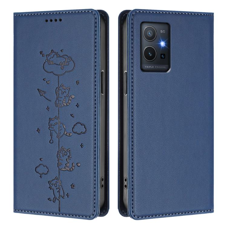 For vivo Y55s 5G / Y55 5G / Y75 5G Cute Cats Embossed Magnetic RFID Vegan Leather Phone Case