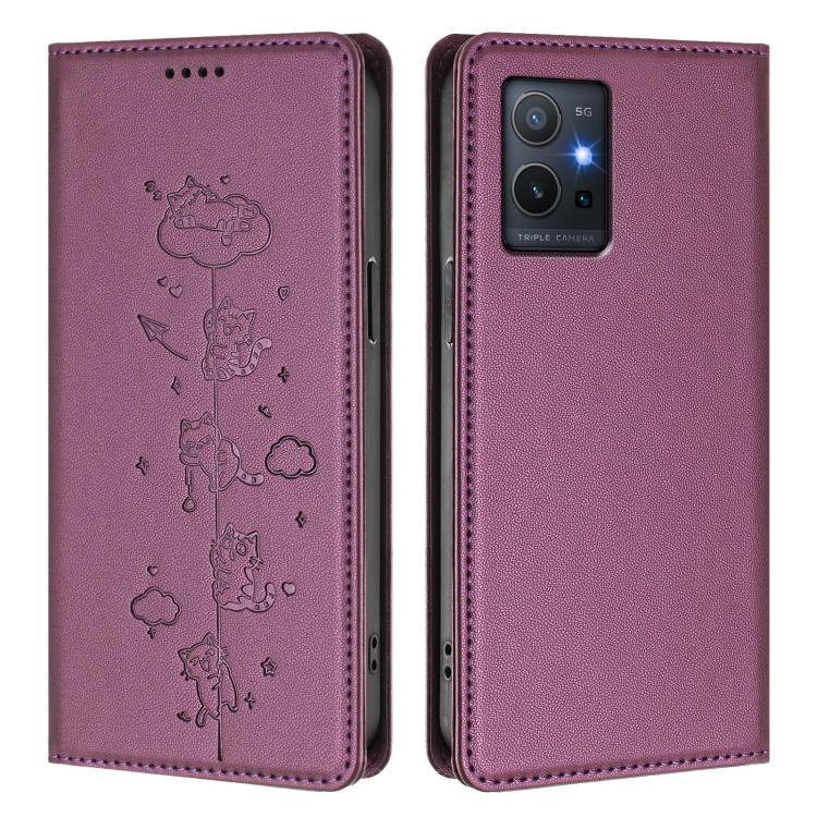 For vivo Y55s 5G / Y55 5G / Y75 5G Cute Cats Embossed Magnetic RFID Vegan Leather Phone Case